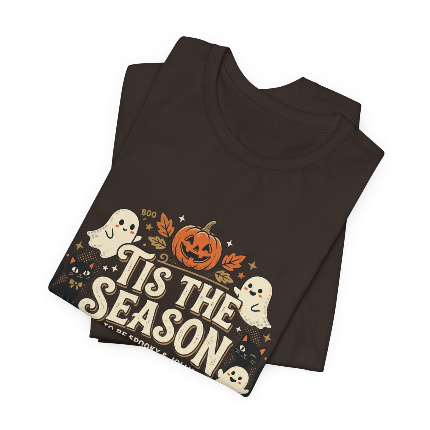 Halloween Tee — 'Tis the Season' Cute Pumpkin, Ghost & Black Cat Graphic Shirt