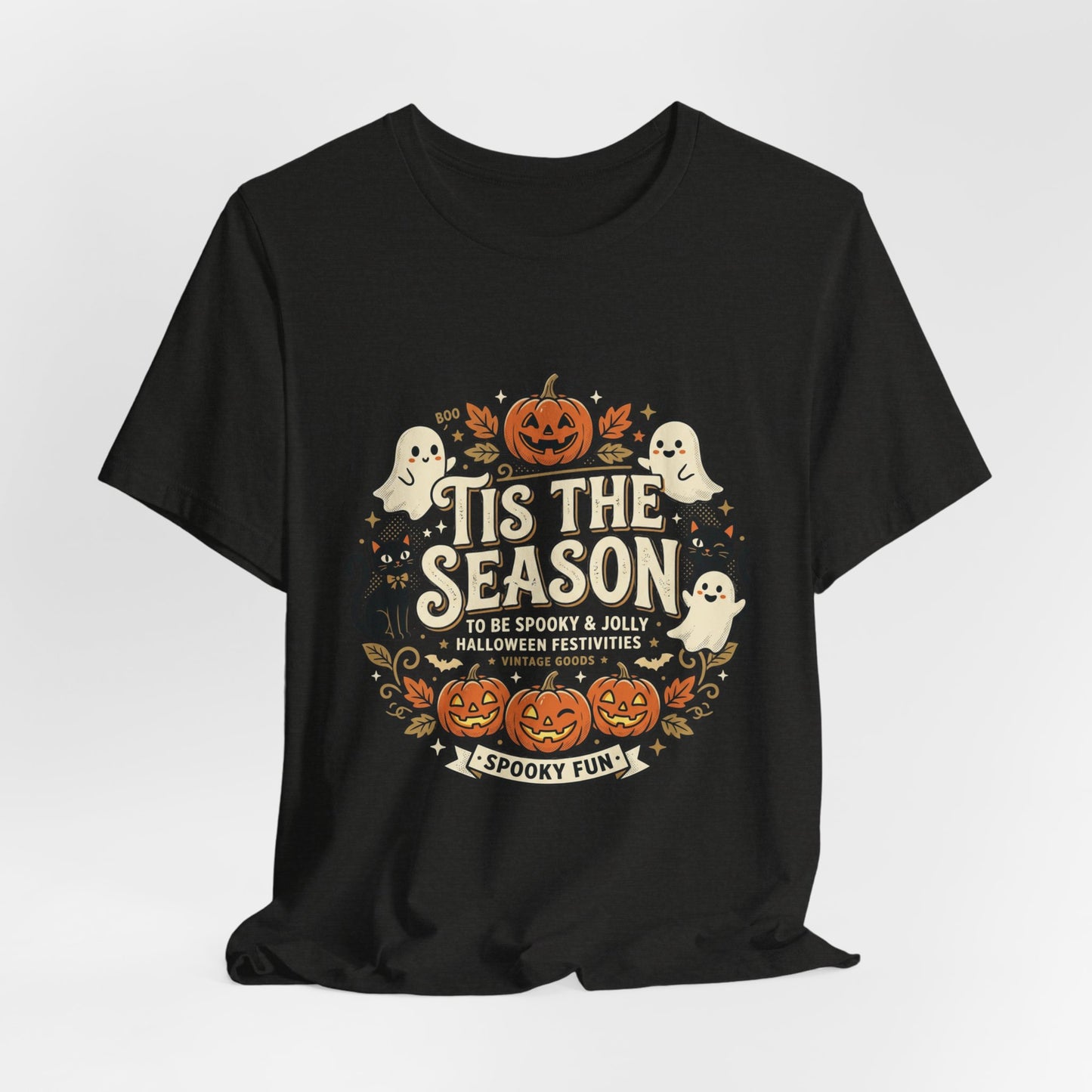 Halloween Tee — 'Tis the Season' Cute Pumpkin, Ghost & Black Cat Graphic Shirt
