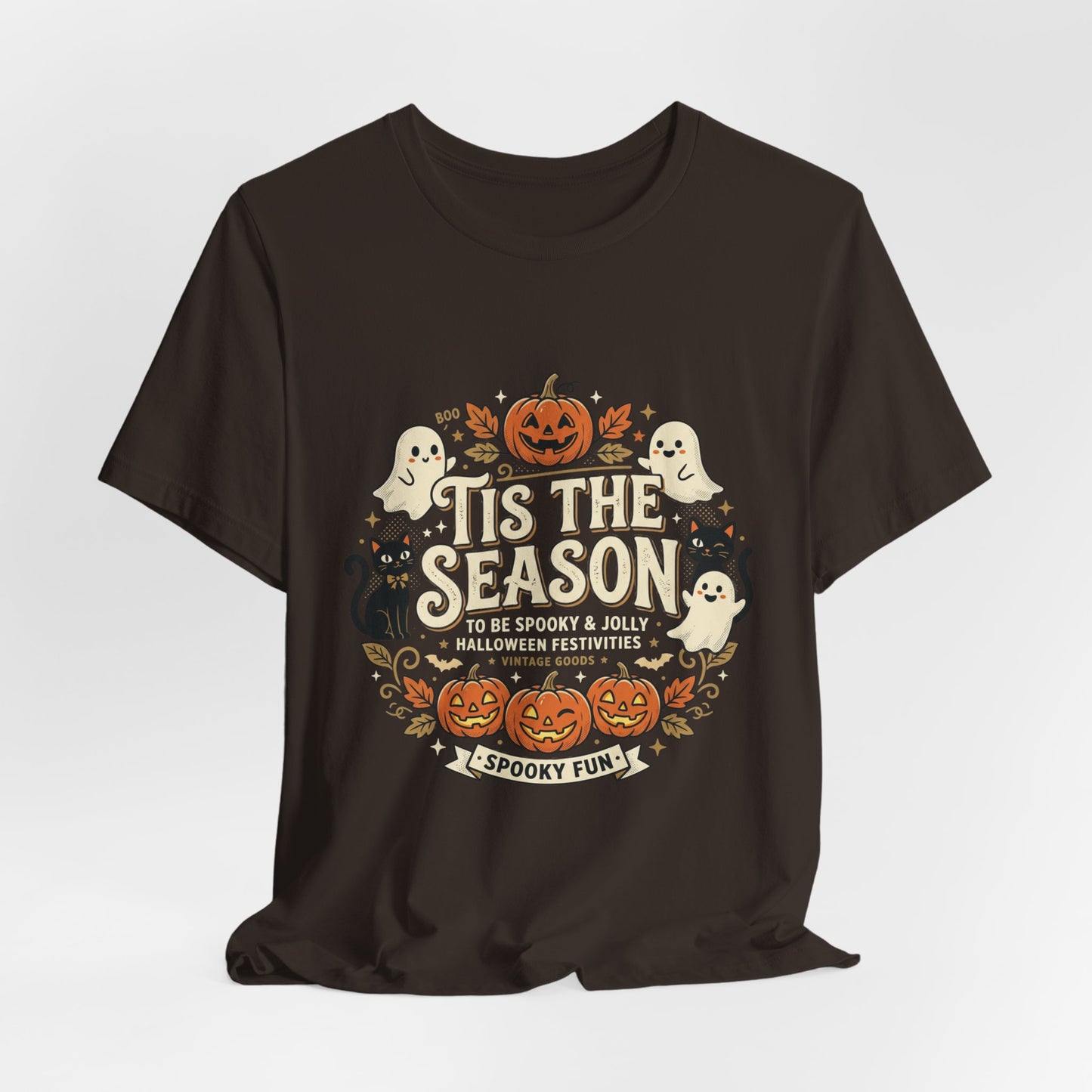 Halloween Tee — 'Tis the Season' Cute Pumpkin, Ghost & Black Cat Graphic Shirt