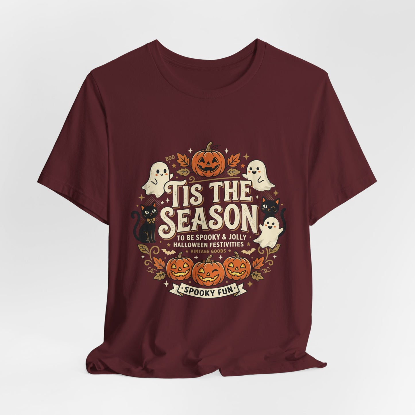Halloween Tee — 'Tis the Season' Cute Pumpkin, Ghost & Black Cat Graphic Shirt