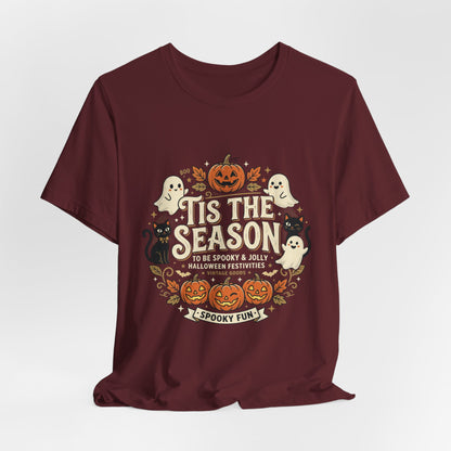 Halloween Tee — 'Tis the Season' Cute Pumpkin, Ghost & Black Cat Graphic Shirt