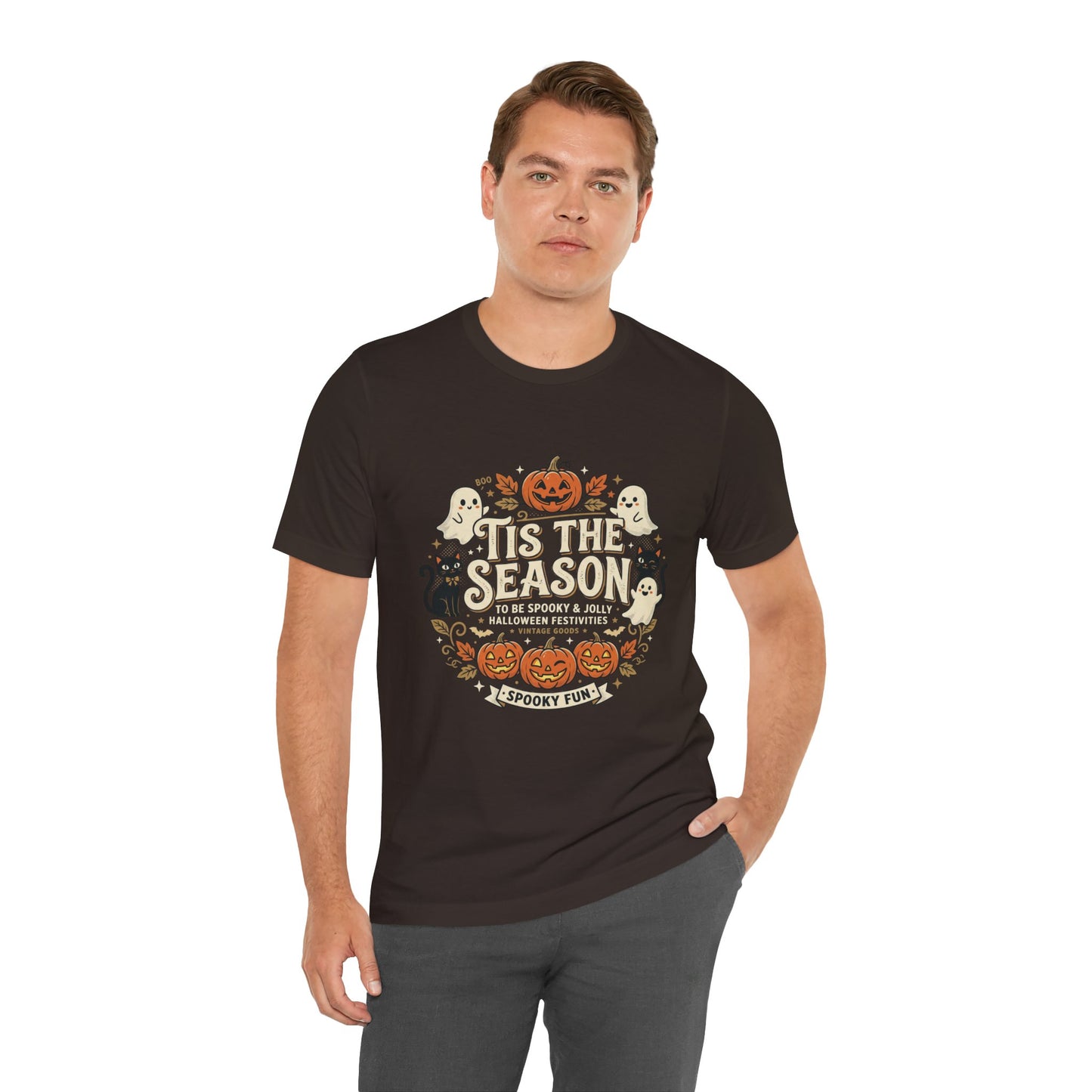 Halloween Tee — 'Tis the Season' Cute Pumpkin, Ghost & Black Cat Graphic Shirt